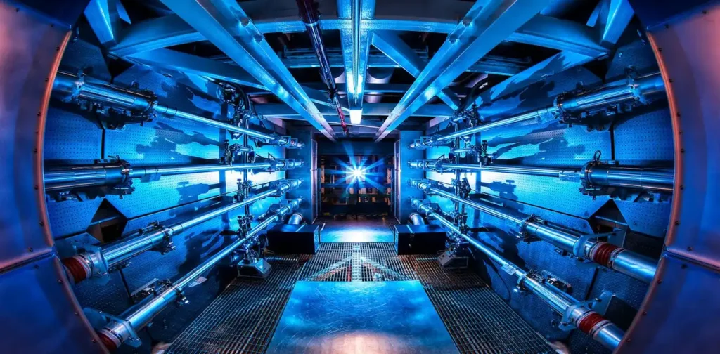 A high-tech petawatt laser system housed in a laboratory, featuring intricate optical components and laser apparatus.