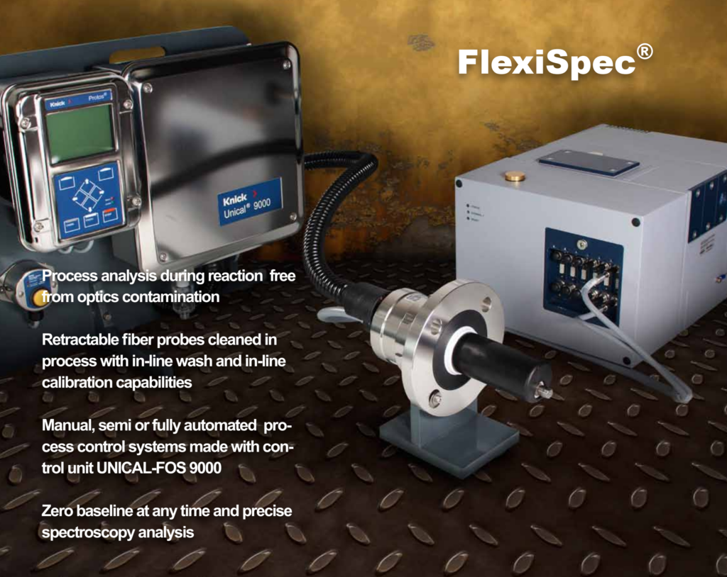 An image showcasing the FlexiSpec® cleanable fiber optic probe by art photonics, featuring a portable device connected to a sturdy probe and a separate control unit, designed for contamination-free process analysis in various industrial applications.