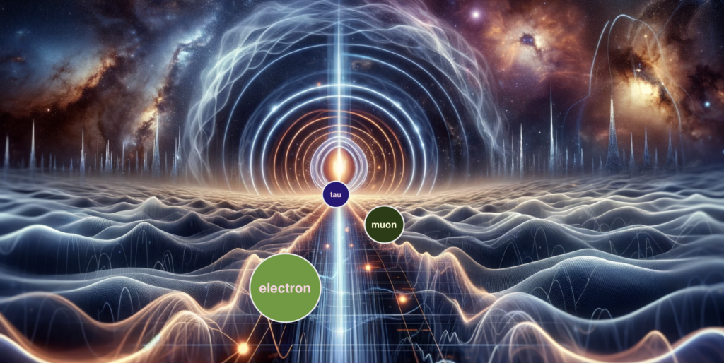 Illustration of a neutrino transitioning between electron, muon, and tau types, symbolized by distinct icons along its trajectory.