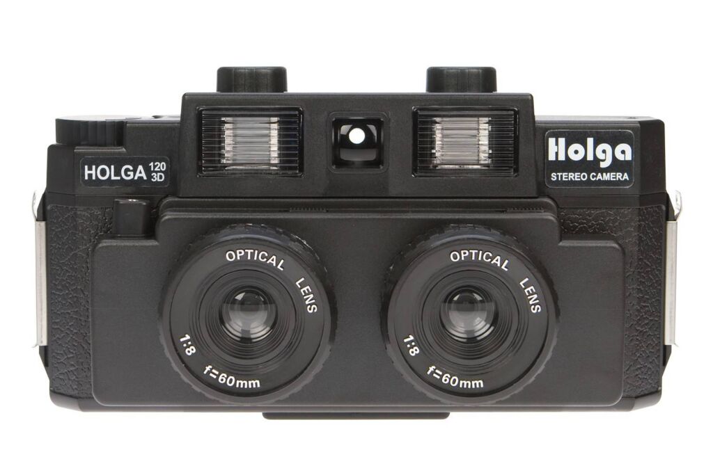 3D Cameras: Holga 120 3D stereo camera, medium format, with dual lenses and color filter flashes.