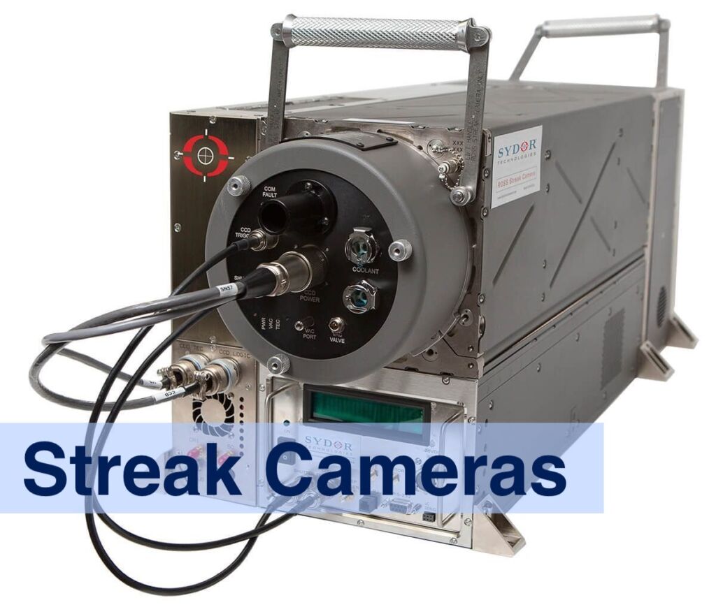 Image of a modern streak camera on a plain white background, highlighting its sleek, technical design.