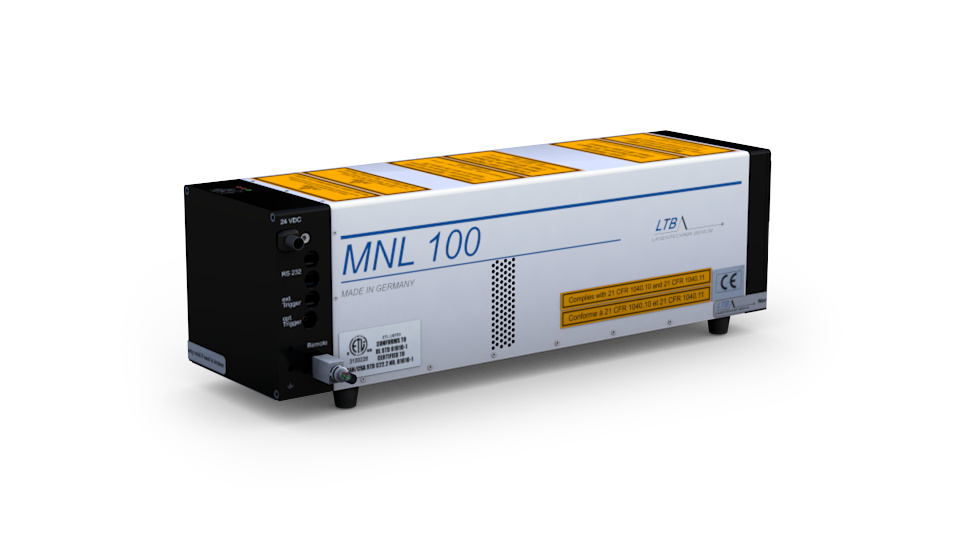 Image of the MNL 100 nitrogen laser from LTB, a compact UV laser device, showcased in a laboratory setting.