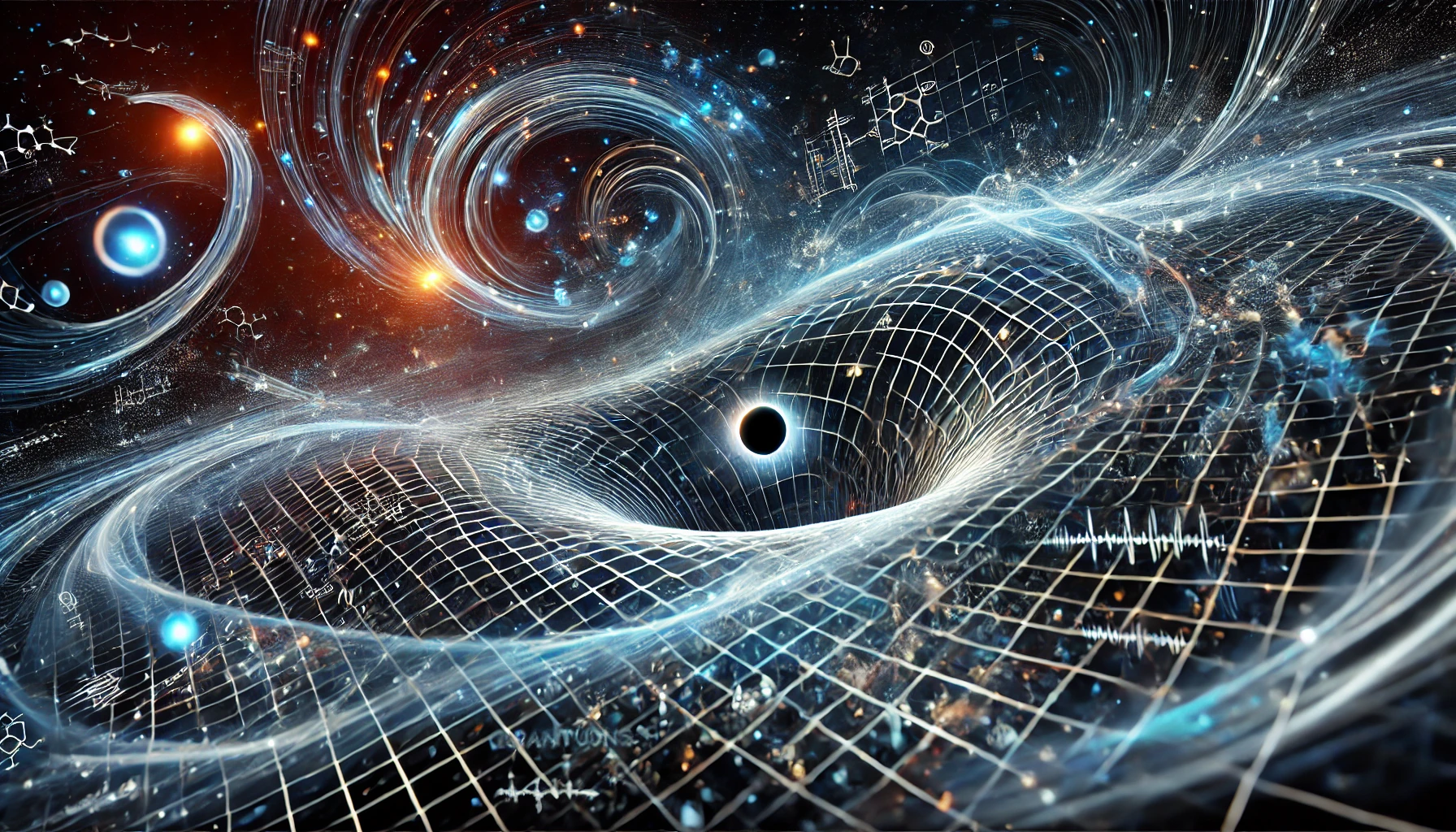 Futuristic scientific illustration of quantum gravity, showing the smooth curves of spacetime blending with quantum particles, black holes, and gravitational waves.