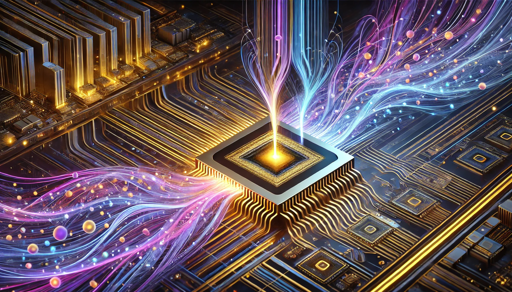 photonic qubits in quantum computing, with streams of light particles flowing through an intricate quantum proces