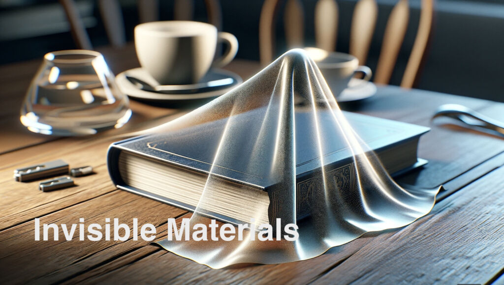 Invisible Materials: Everyday object, such as a coffee cup, on a table, partially covered by an invisibility cloak making part of it blend into the background.