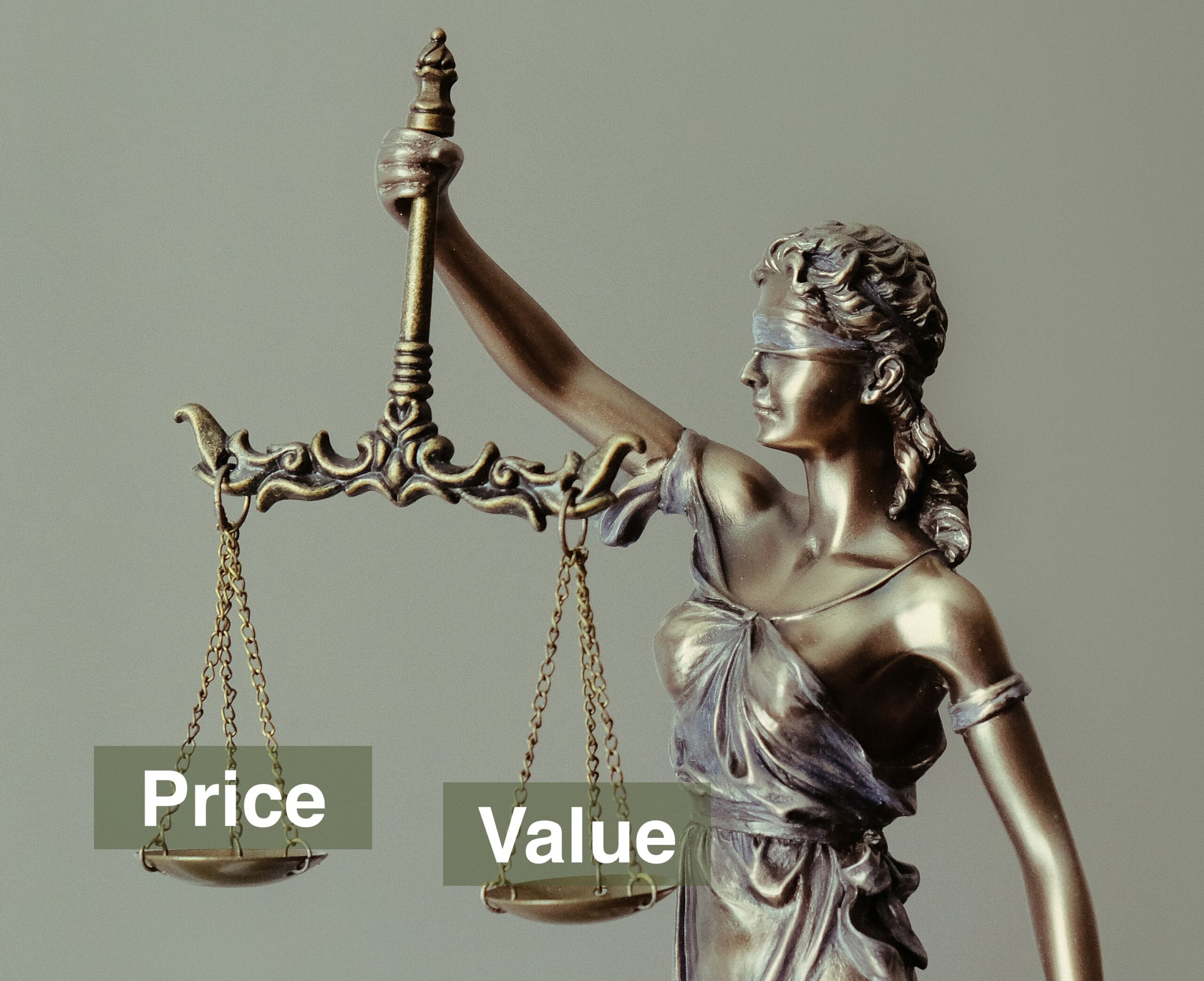 Value Based Capital Sales: Statue of a Roman woman holding a balance scale, with labels 'Price' on one side and 'Value' on the other.